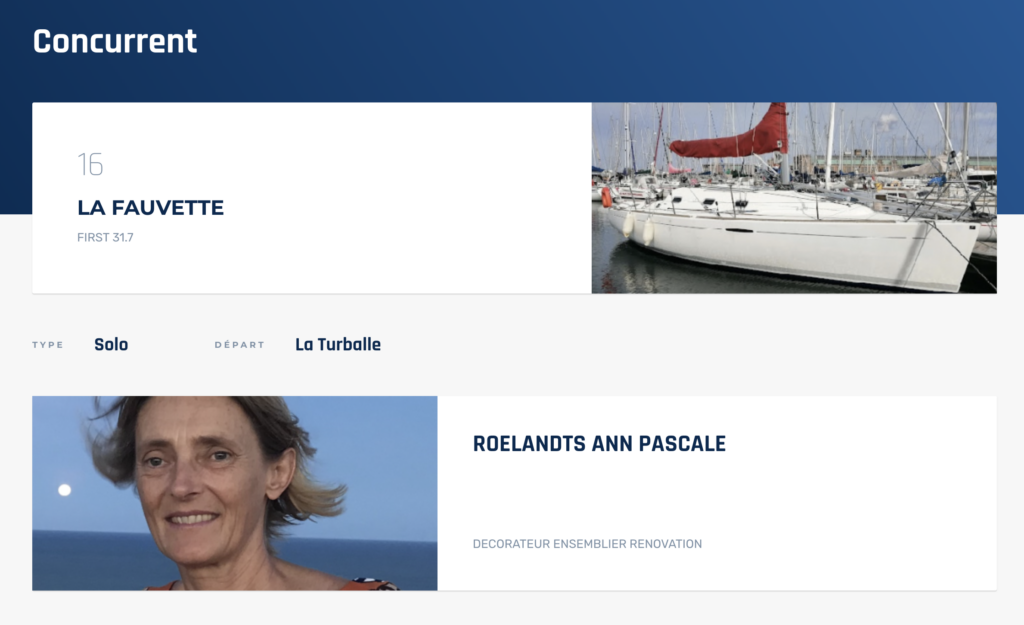 This is an image of LA FAUVETTE and her owner, Ann Pascale Roelandts. She is participating in the Transquadra sailing race.